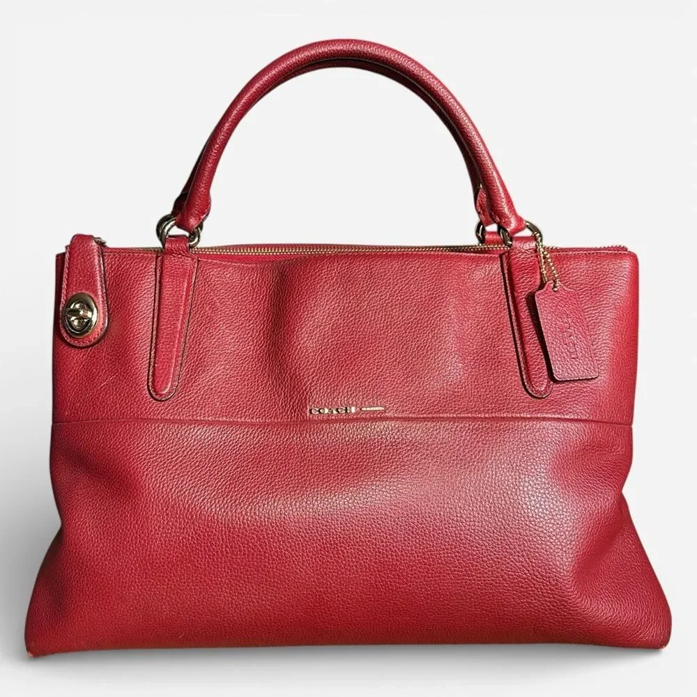Coach Borough Red Pebbled Leather Carryall Satchel Tote Bag Rouge Large Turnlock - Picture 2 of 13